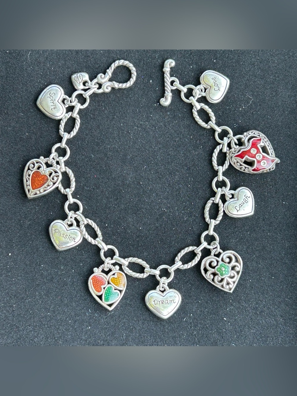 Brighton “Go Red” Silver Heart Charm Bracelet with Colorful Enamel Hearts
